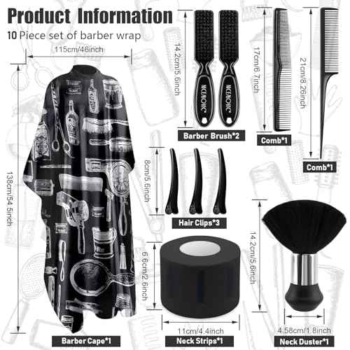 NICEMOVIC 10 in 1 Hair Cutting Barber Cape with Neck Duster Brush Barber Brush Neck Strips Hair Combs Hair Clips, Professional Barber Accessories Cleaning Supplies for Salon Haircut Styling