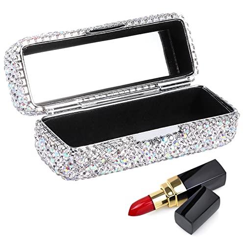 Crystal Rhinestone Lipstick Case Holder with Mirror