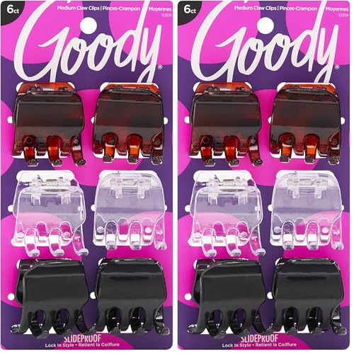 Goody Classic Claw Hair Clips - 6-Count, Clear, Brown and Black - 1/2 Claw Will Gently Keep Hair Secured In Place with a Long Lasting Hold, color may vary (Pack of 2)