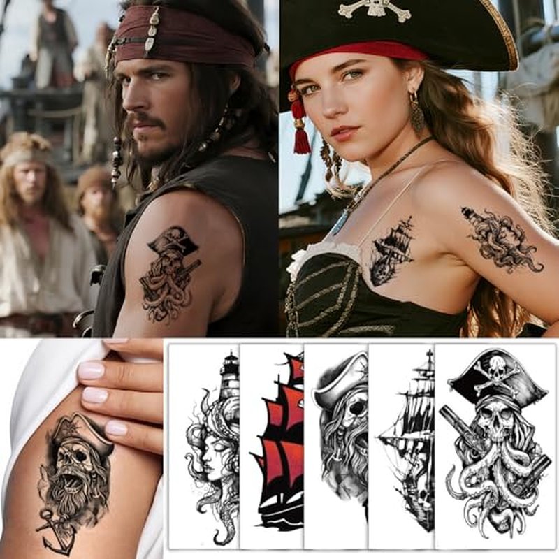 Pirate Skull Temporary Tattoo for Women Men, Skeleton Anchor Fake Tattoos, Waterproof Realistic Black Viking Tribal Totem Tattoo for Adults Body Art Decor Stickers Q1021