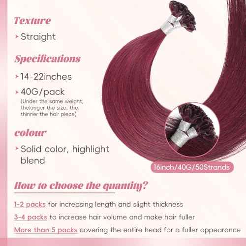 Hair U Tip Hair Extensions K Tip Human Hair Real Human Hair 100% Remy Hair #99J Burgundy 16inch 40G Ombre With Highlights Seamless U-Tip Real Human Hair Natural Look & Salon Quality