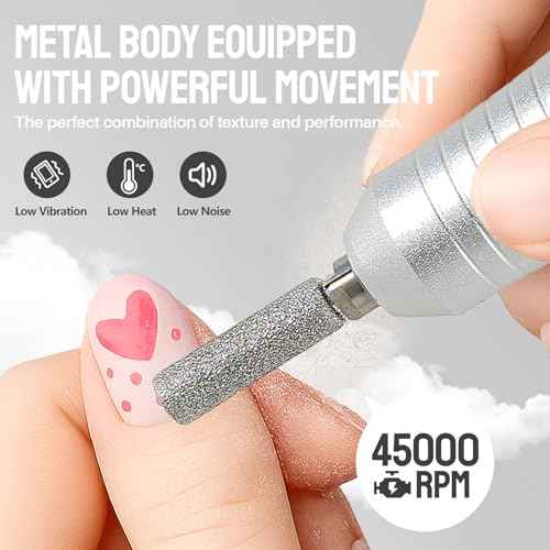 Electric Nail Drill Portable Nail Drill Professional 45000 RPM 6 Salon Quality Drill bits 6 Sanding Bands Portable & Low Noise for Acrylic Nails Gel Polishing Removing Bits Kit for Home Use