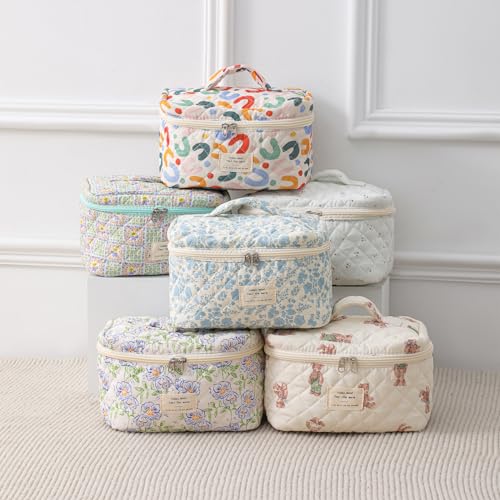 Large Travel Quilted Makeup Bag for Women, Floral Cotton