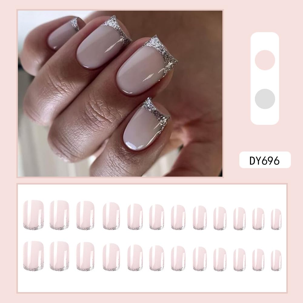 24Pcs French Tip Press on Nails Short Square Fake Nails with Silver Glitter Design False Nail Tips Acrylic Glossy Glue on Nails Cute Nail Art Decorations for Women