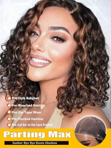 Sunber Ombre Brown Curly Bob Wig 8" 100% Human Hair Glueless