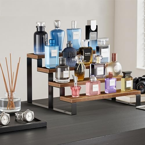 Cologne Organizer for Men, 12 Inch Wood Cologne Stand 4 Tier Perfume Organizer for Dresser, Versatile Step Display Stand Shelf for Fragrance, Skincare, Figurine, Dessert, 1 Set Brown
