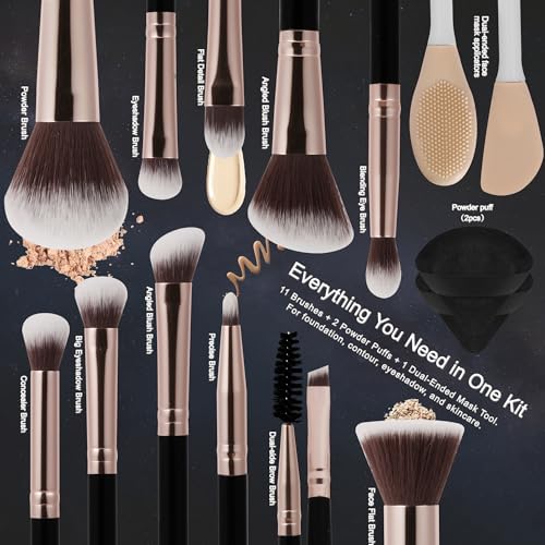 14-Piece Black Makeup Brush Set with Powder Puffs & Case