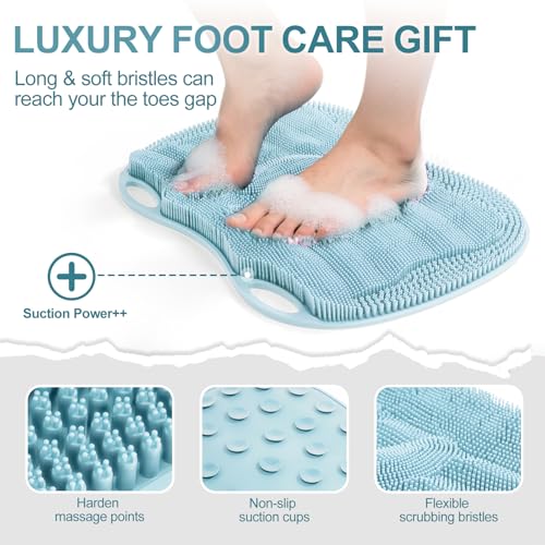 Foot Scrubber Mat Large Feet Scrubber + Pumice Stone 2 Pack for Shower Floor Bathtub - Dead Skin Callus Remover, Foot Spa Toes Between Brush Exfoliating Cleaner Pad in Shower Non-slip Messager, Blue