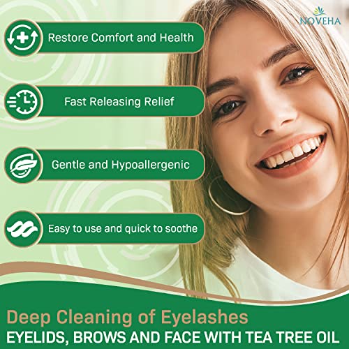 NOVEHA Tea Tree & Coconut Oil Eyelid & Lash Wipes | For Demodex, Blepharitis & Itchy Eyes, Box Of 60 Individually Wrapped Eyelash Wipes With Aloe Vera, Natural Makeup Remover & Daily Eye Cleanser