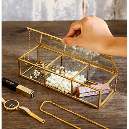 Vintage Golden Glass Lidded Box Clear Glass & Brass Metal Storage Jewelry and Cosmetic Makeup Organizer with Lid Beauty Display, Rectangle with 3 Compartment