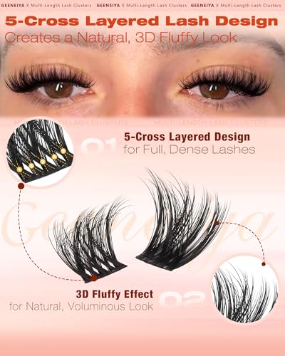 Geeneiya Fluffy Lash Clusters 8-16mm, C Curl 3D DIY Eyelash Extensions