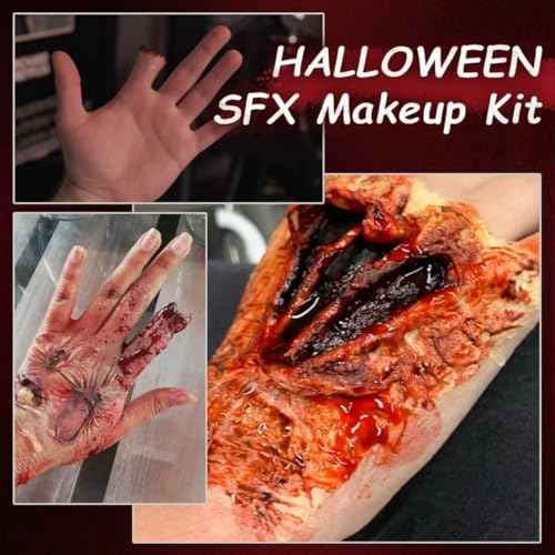 SFX Makeup Kit Scars Wax, Fake Blood Spray, Professional Scar Wax&Blood Effects Set with Coagulated Blood Gel&Spray, Metal Spatula, Sealer & Black Sponge for Realistic Halloween Zombie, Vampire Wound