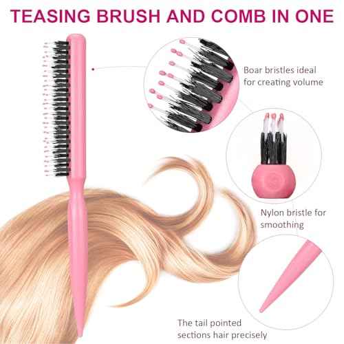 Patelai 3 Pcs Hair Teasing Comb Set Includes 2 Nylon Triple Comb and Boar Bristle Teaser Brushes for Women Stylist Men Backcombing Slicking Curly Thick Wet Hair(Pink)