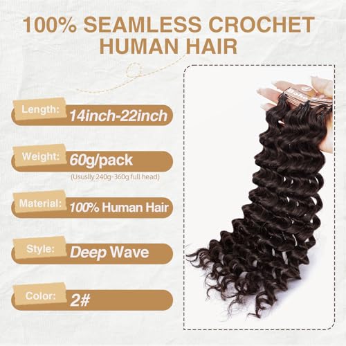 Deep Wave Crochet Hair - Pre-Separated Human Hair for Black Women, 18 Inch, Dark Brown