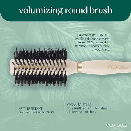EcoTools Volumizing Round Hairbrush, Achieve Full Blow Out, Heat Resistant For Easy Blow Drying, Vegan Bristles Tame Frizz & Smooth Hair, Made With Renewable Bamboo, Cruelty-Free, 1 Count