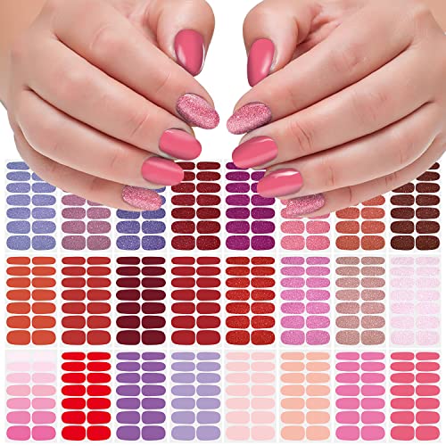 DANNEASY 24 Sheets Red Nail Wraps Solid Color Glitter Nail Polish Strips Gel Nail Strips Self Adhesive Nail Polish Stickers for Women Manicure Sticker for Nail Art with Nail File, Cuticle Stick