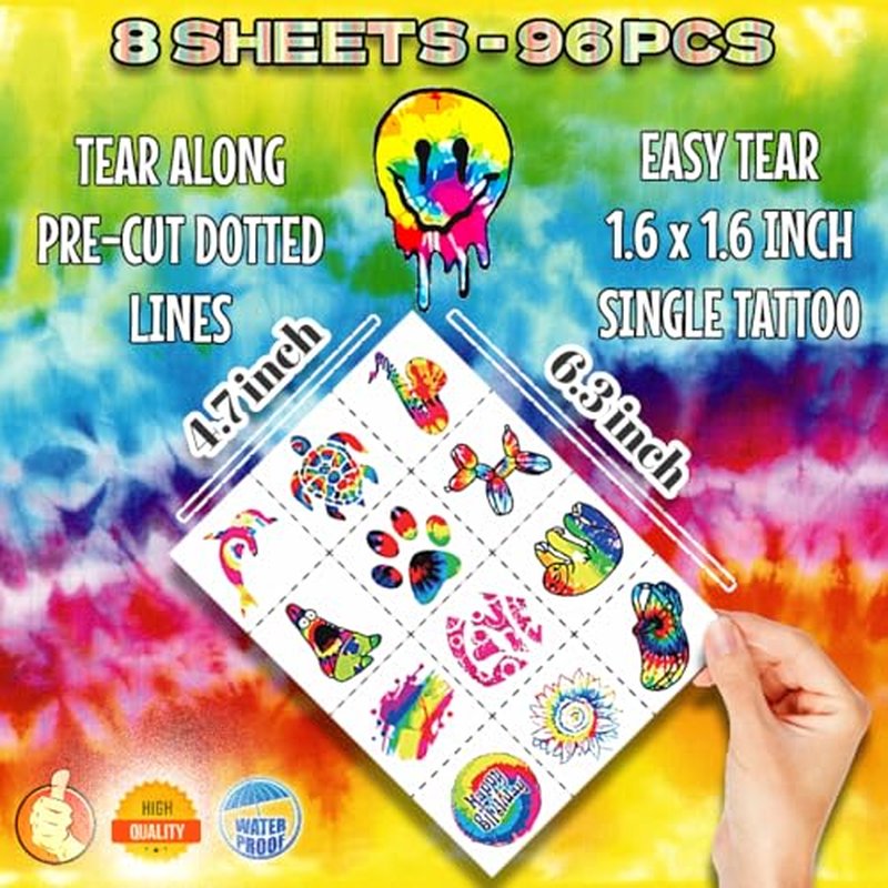 Tie dye Temporary Tattoos 96PCS Valentines For Kids - Birthday Themed Party Supplies Decorations Favors 8 Sheets Colorful Decor Cute Stickers Tattoo for Class School Prizes Gift for Kids Boys & Girls