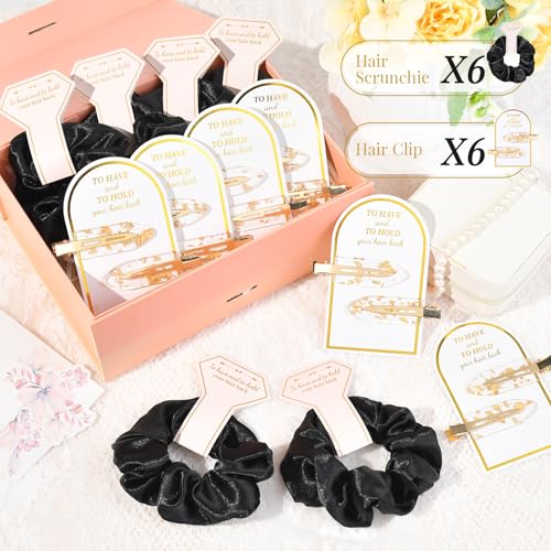 Bridesmaid Hair Clips & Silk Scrunchies Gift Set – 12 Pcs, Rose Gold Text