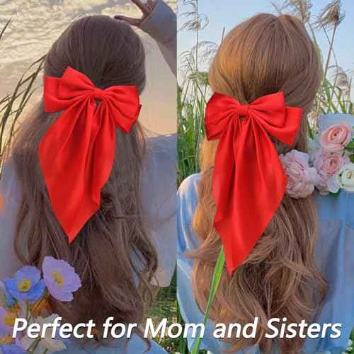 Velscrun Red Hair Bows for Women Girls, Silky Satin Large Coquette Bow Oversized Hair Ribbons Big Bows Clip, Long Tail Bowknot Hair Barrettes Halloween Christmas Hair Bow Accessories