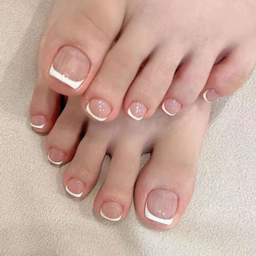 WAFOLOZE Press on Toenails Fake Toe Nails,Short Toe Nail Press ons,Glossy Toe Nails Press on Designs,Artificial Toenail Press on nails White French Tip Toe Nails for Women 24Pcs (A)