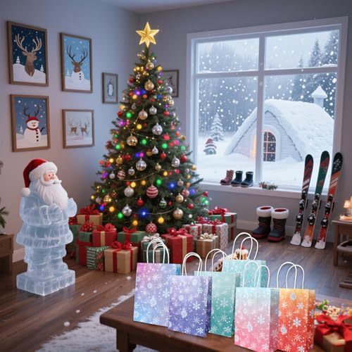 12 Pack Colorful Snowflake Gift Bags with Handles