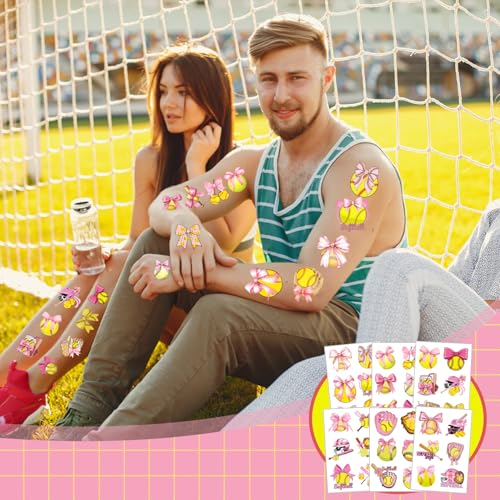 Pink Coquette Bows Softball Temporary Tattoos - 12 Sheets
