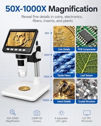 AOPICK White Digital Coin Microscope 1000X with 4.3" LCD, 1080P USB, 8 LED Lights