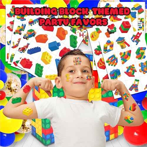 96 PCS Building Blocks Block Pre-Cut Temporary Tattoos for Kids | Super Cute Themed Birthday Party Favors, Supplies, Decorations, Fake Tattoo Stickers (Multiple)