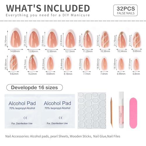 French Press On Nails Almond Medium 32pc Kit with Gel Finish