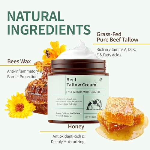 Beef Tallow for Face, Lasting Moisturizer Whipped Beef Tallow and Honey Balm for Face & Body Skin Care.(Unscented)