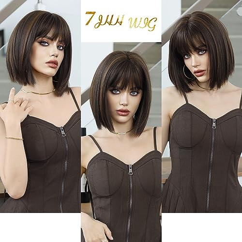 12-Inch Short Blonde Brown Bob Wig with Bangs - Heat Resistant