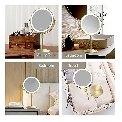 8" Lighted Makeup Mirror, 1X/10X Magnification Mirror with Lights, Double Sided Dimmable Mirrors, Rechargeable & Brightness & Height Adjustable, Cordless Vanity Mirror(Gold)