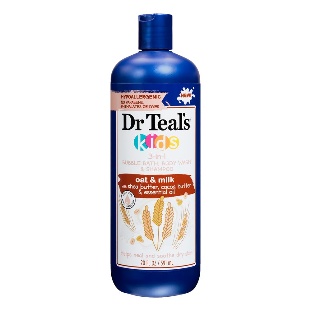 Dr Teal's Oat & Milk with Shea Butter, Cocoa Butter & Essential Oil 3-in-1 Bubble Bath, Body Wash, & Shampoo, 20 Fl Oz