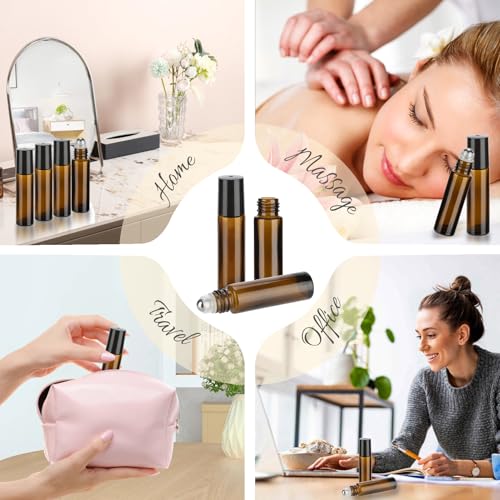 10ML Essential Oil Roller Bottles 4-Pack, Amber Glass with Stainless Steel Balls