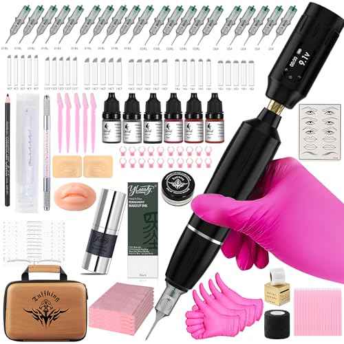 Eyebrow Microblading Tattoo Machine Kit, Professional Complete Wireless Tattoo Gun with Tattoo Power Supply, 50Pcs Cartridge Needles, 7Pcs Inks, Microblading Supplies for Beginners (Black, TP39)