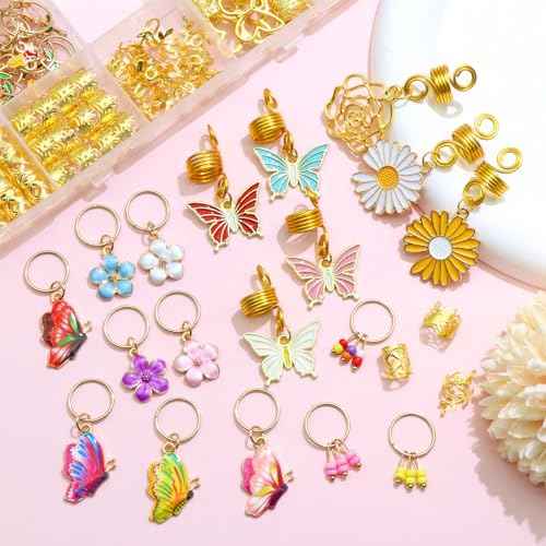 NAISKA 146PCS Gold Hair Jewelry with Butterfly Flower Charms, Metal Alloy Hair Coils, Rings, Cuffs and Decorations for Locs, Dreadlocks and Braids - Handmade Accessories for Women and Girls