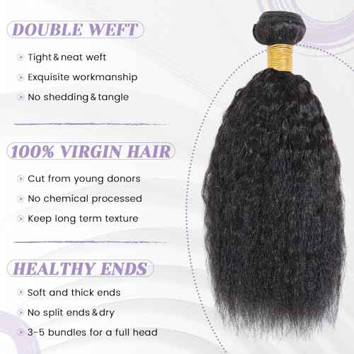 Kinky Straight Bundles 100% Human Hair Bundles Yaki Straight Bundles Human Hair 3 Bundles 20 22 24 Inch Raw Virgin Human Hair Weave Weft Bundles Natural Black Color