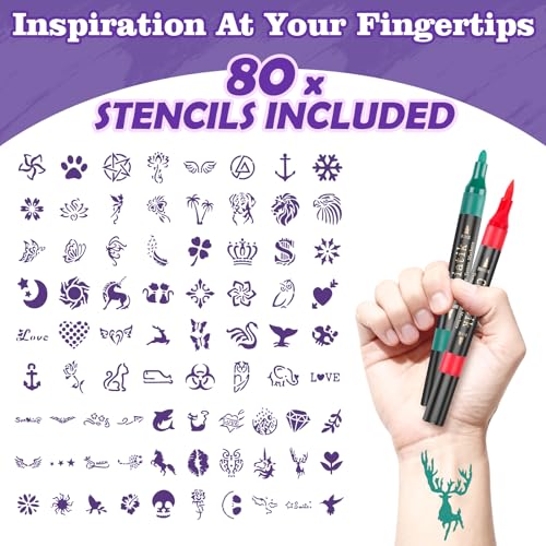 Temporary Tattoo Markers Kit – 16 Colors & 80 Stencils