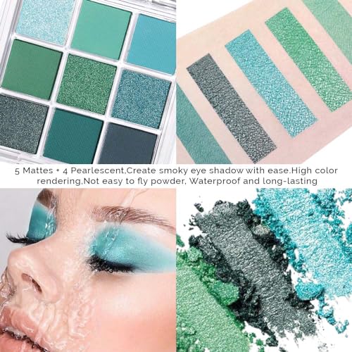 AMY'S DIARY Green Matte Shimmer Deep Eye Shadow Palette, Long-lasting Waterproof Makeup, 9 Blendable Shades for Girls