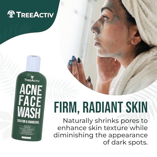 TreeActiv Charcoal Acne Exfoliating Face Wash | Hydrating Sulfur Cleanser for Pimple, Zit, Whitehead, & Blackhead | Facial Treatment for Hormonal & Cystic Acne | Teen & Adult Milia Remover | 425+ Uses