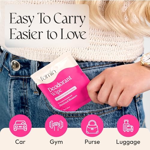 FOMIN Travel Deodorant Wipes - 15 Count, Patchouli Blossom, pH Balanced