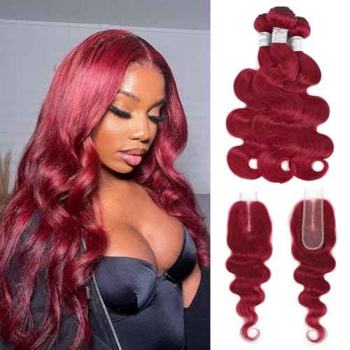 12A Burgundy Red Bundles with Closure 2x6 Human Hair Body Wave 16 18 20+16 Inch, 3 Bundles and 2x6 HD Transparent Lace Closure Human Hair Deep Part Cherry Red 99J Colored Bundles Quick Weave