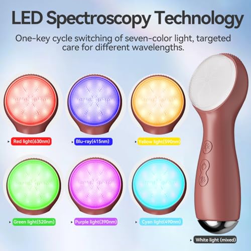 Facial Cleansing Brush Electric, Silicone Heated Face Scrubber with 7 LED Lights, Rechargeable Vibration Exfoliating Cleanser for Deep Cleaning & Gentle Massage, Skin Care Tool, Ideal Gift (Purple)