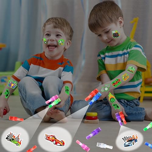 72 PCS Race Car Party Favors ? 48 PCS Tattoos & 24 PCS LED Finger Lights Combo ? Birthday Goodie Bag Fillers, Party Supplies, Gifts Light Up Toys Glow In The Dark for Boys and Girls
