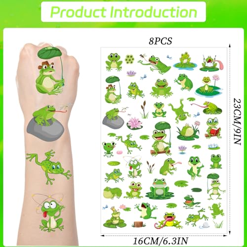 Frog Temporary Tattoos Stickers - 200+ Frog Kids Tattoos Temporary Cartoon Teeth Fake Tattoos Gifts Cute Frog Themed Party Decorations Favors Supplies for Boys Girls Prizes