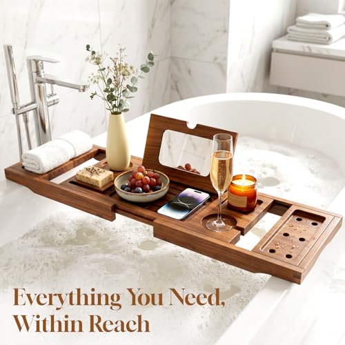 Foldable Acacia Wood Bathtub Tray, Extendable Bath Caddy 29.5"-42.5"