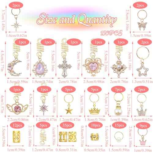NAISKA 156Pcs Pink Crystal Loc Dreadlocks Jewelry Gold Hair Jewelry for Braids Multi Shape Crown Pearls Hair Decoration Hair Coils Rings Dreadlocks Hair Cuffs for Women and Girls