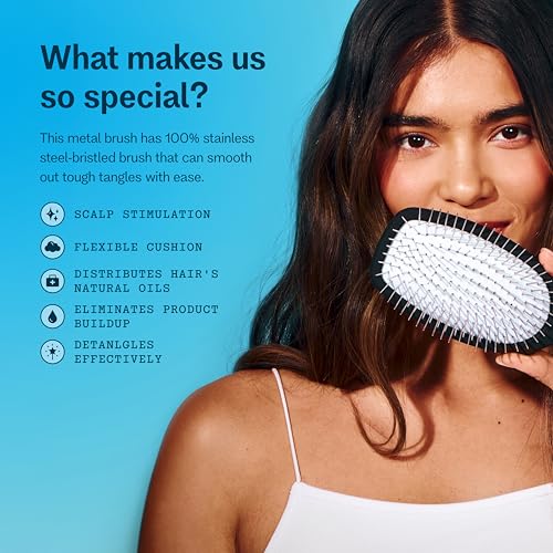Gimme Beauty Metal Bristle Brush - Stainless Steel Bristles for Healthy Shine - Designed to Detangle Hair Types - Supports Scalp Care - Hair Brush with Comfy Handle