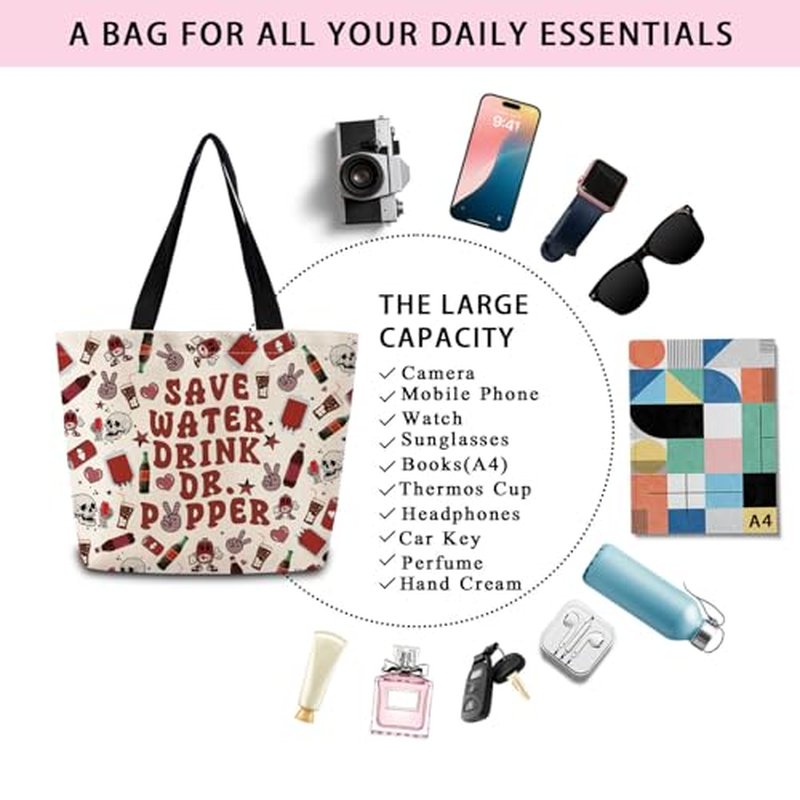 Cute Aesthetic Dr. Pepper Tote Bag with Zipper Pocket - Lightweight & Washable