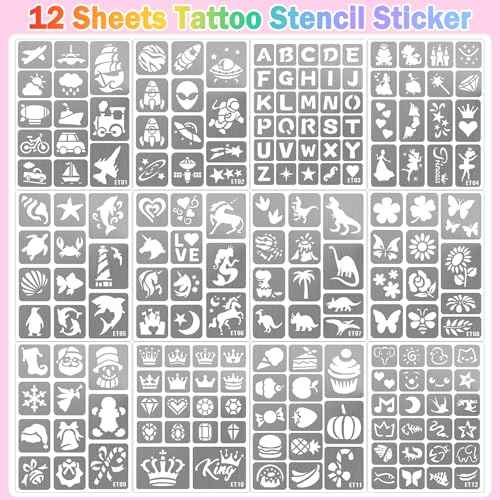 Yazhiji 183PCS Temporary Tattoo Stencils, Paint Stencils Kit on Face and Body, Girl Boy Glitter Tattoos Stencils Pack for Kids School Show Birthdays Halloween Christmas Party Favor Supplies